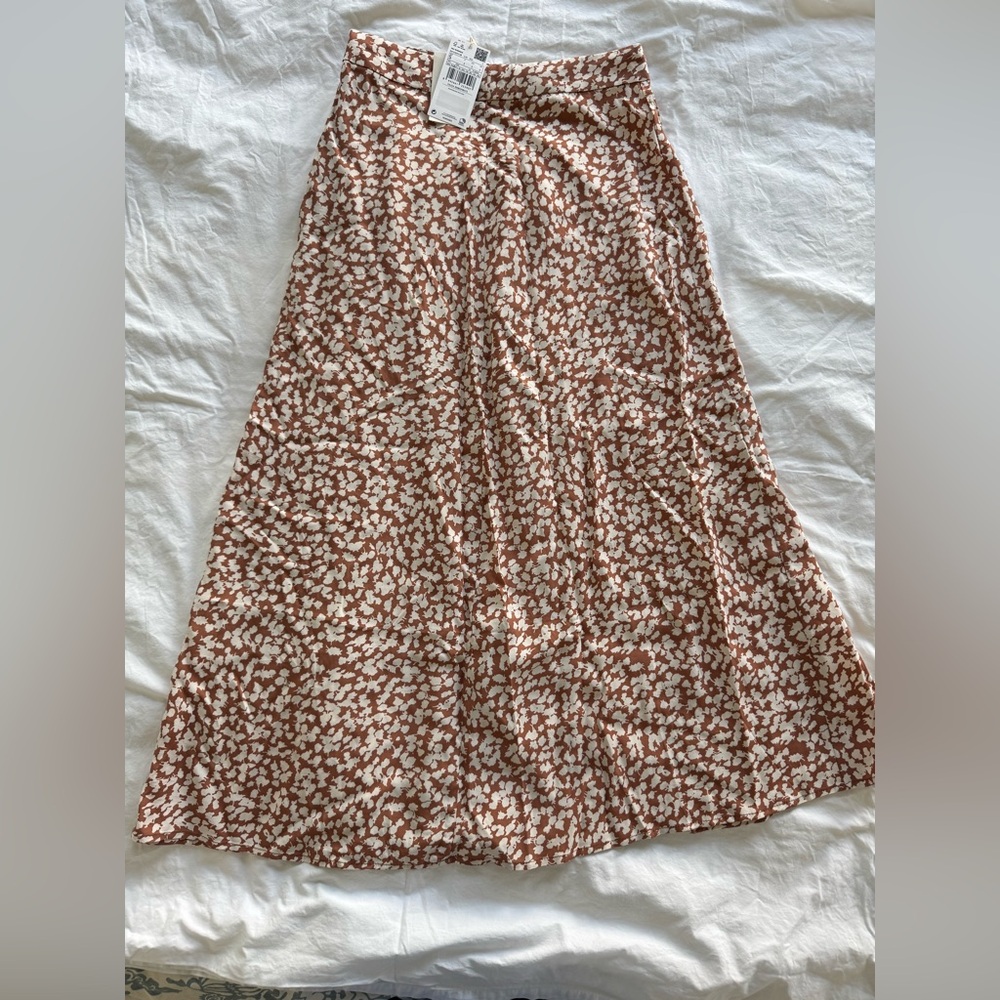 Mango Brown and White Floral Midi Skirt